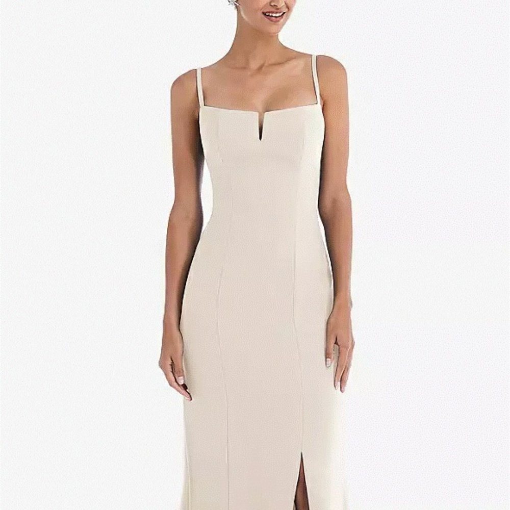 Notch Crepe Trumpet Gown with Front Slit....TH049.....Oat...Size 12...NWT